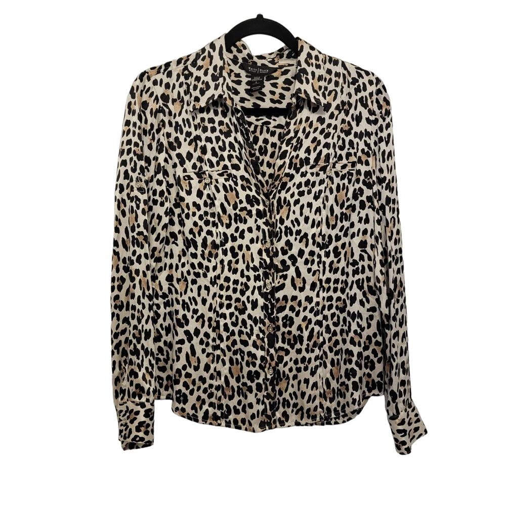 Silk Shirt White House Black Market Leopard Print Button-Up Stretch Size 6 465